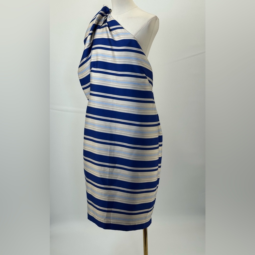 Banana Republic One Shoulder Striped Blue/Ivory With Bow Knee Length Dress SZ 16 - Picture 12 of 16